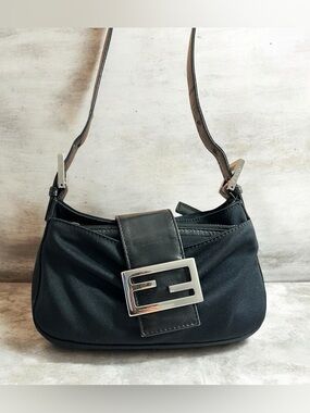 AUTH FENDI Mini Baguette Nylon Shoulder Bag with Silver Tone FF Buckle AUTHENTIC